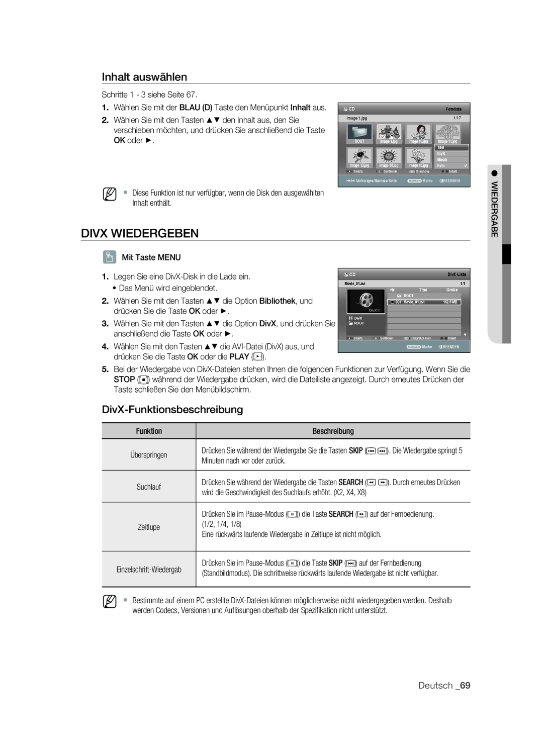 Samsung DVD-SH893A/XEF, DVD-SH893A/XEG, DVD-SH893A/EDC, DVD-SH895A/XEG manual Divx Wiedergeben, DivX-Funktionsbeschreibung 