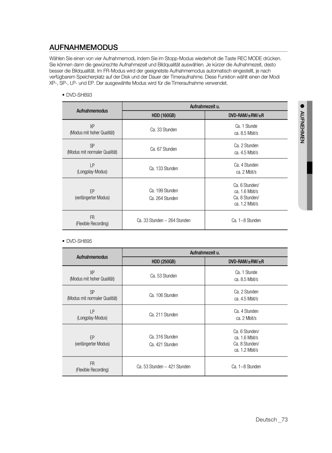 Samsung DVD-SH895A/XEF, DVD-SH893A/XEG, DVD-SH893A/EDC, DVD-SH895A/XEG manual DVD-SH893 Aufnahmemodus, Aufnahmezeit u 