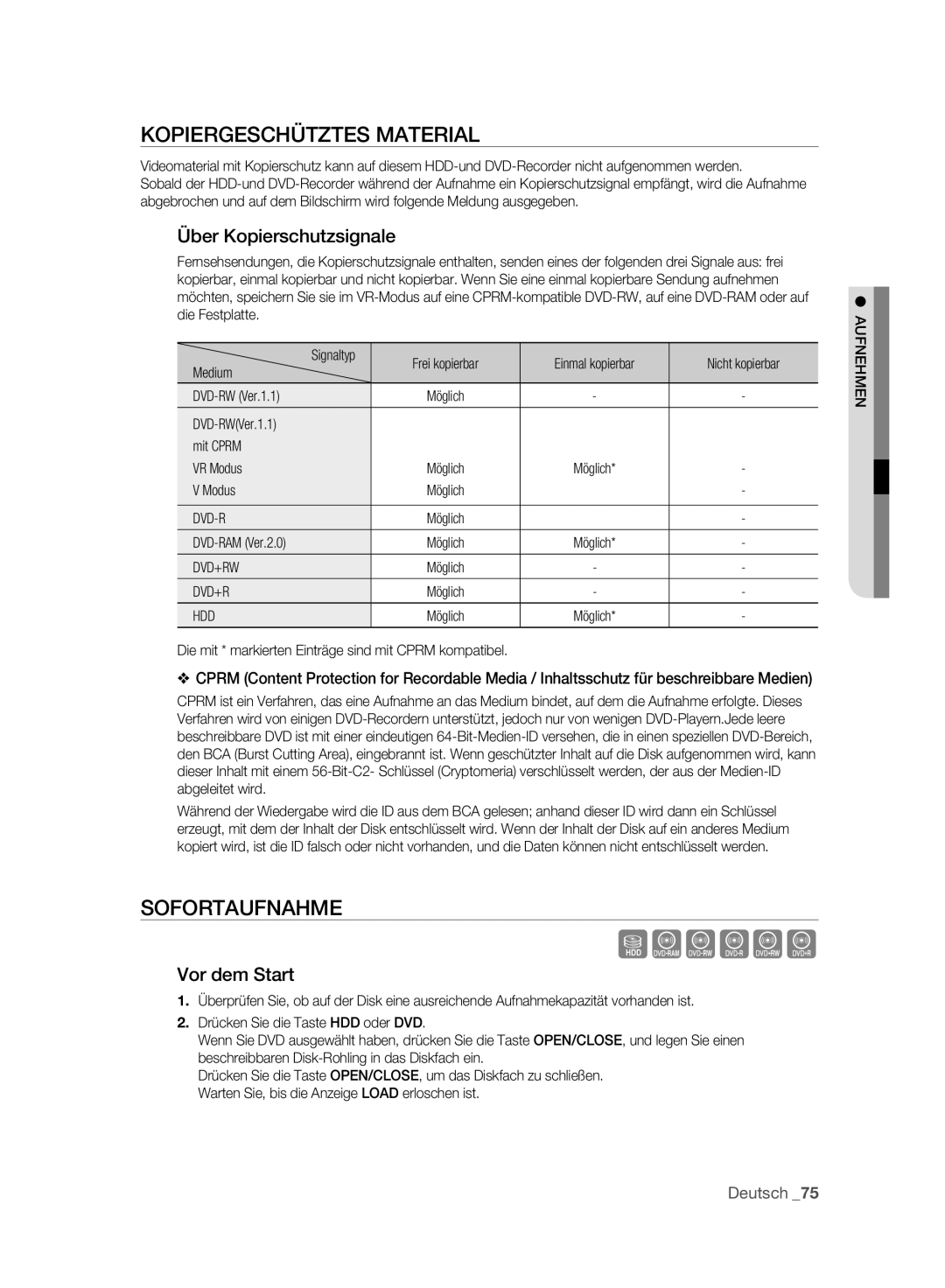 Samsung DVD-SH893A/XEG, DVD-SH893A/EDC Kopiergeschütztes Material, Sofortaufnahme, Über Kopierschutzsignale, Vor dem Start 