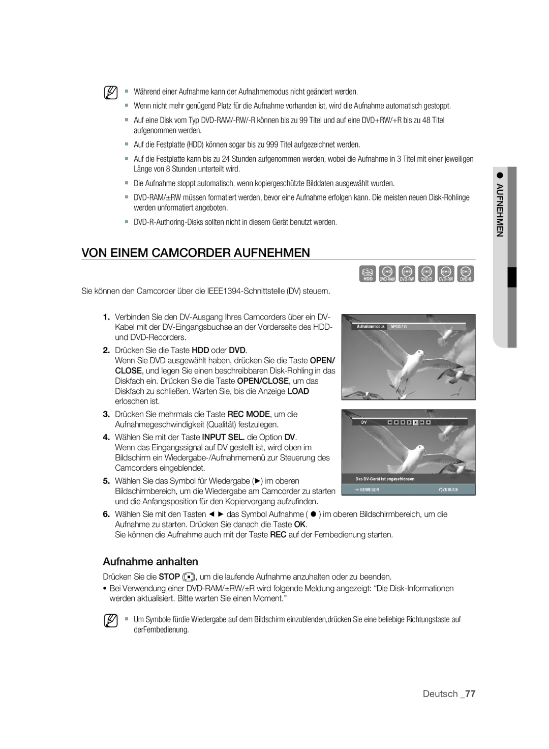 Samsung DVD-SH895A/XEG, DVD-SH893A/XEG, DVD-SH893A/EDC, DVD-SH895A/XEF, DVD-SH893A/XEF manual VON Einem Camcorder Aufnehmen 