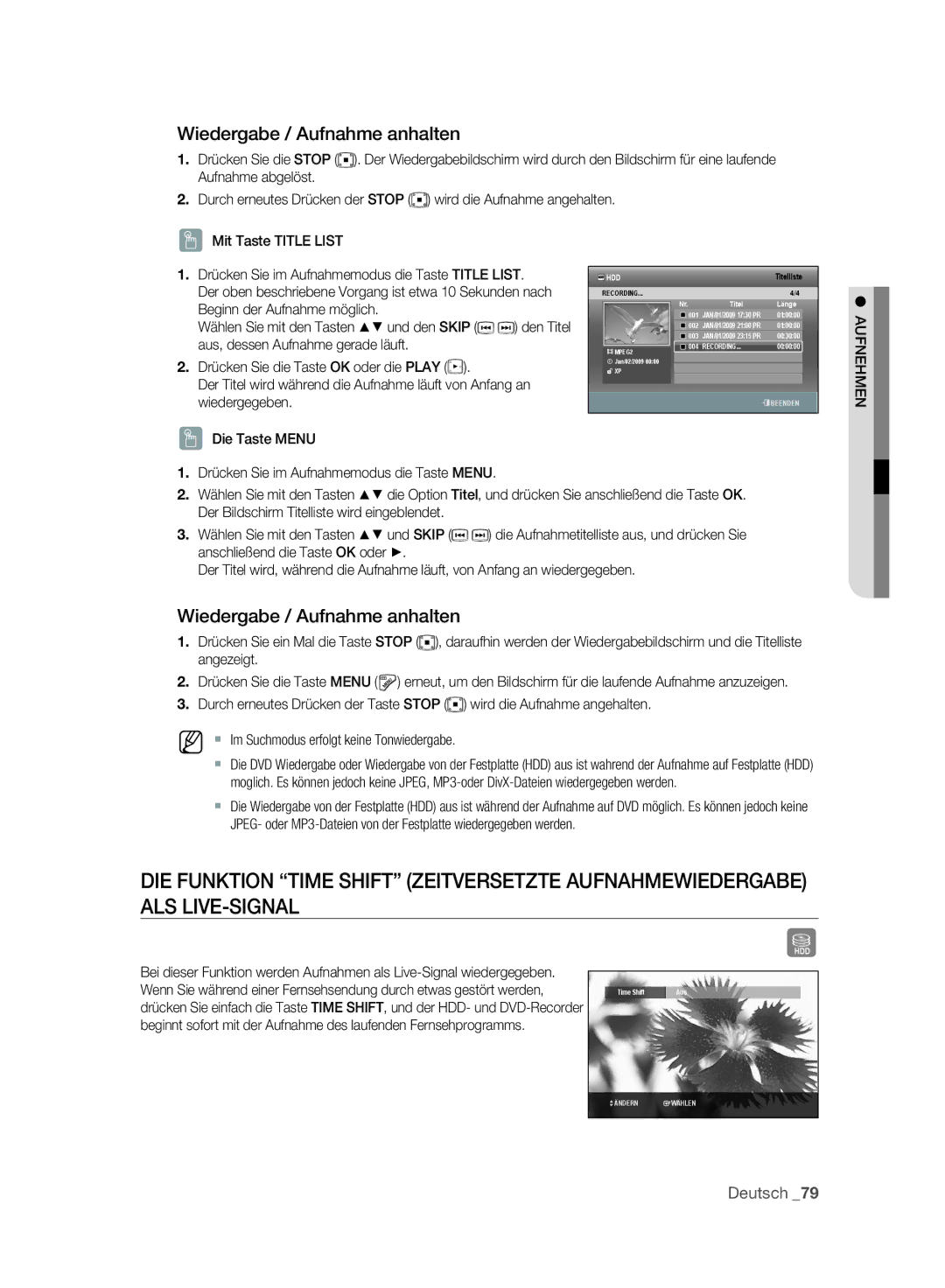 Samsung DVD-SH893A/XEF, DVD-SH893A/XEG, DVD-SH893A/EDC, DVD-SH895A/XEG, DVD-SH895A/XEF manual Wiedergabe / Aufnahme anhalten 