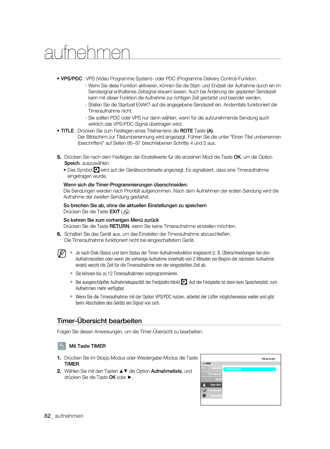 Samsung DVD-SH895A/XEG, DVD-SH893A/XEG, DVD-SH893A/EDC, DVD-SH895A/XEF, DVD-SH893A/XEF manual Timer-Übersicht bearbeiten 