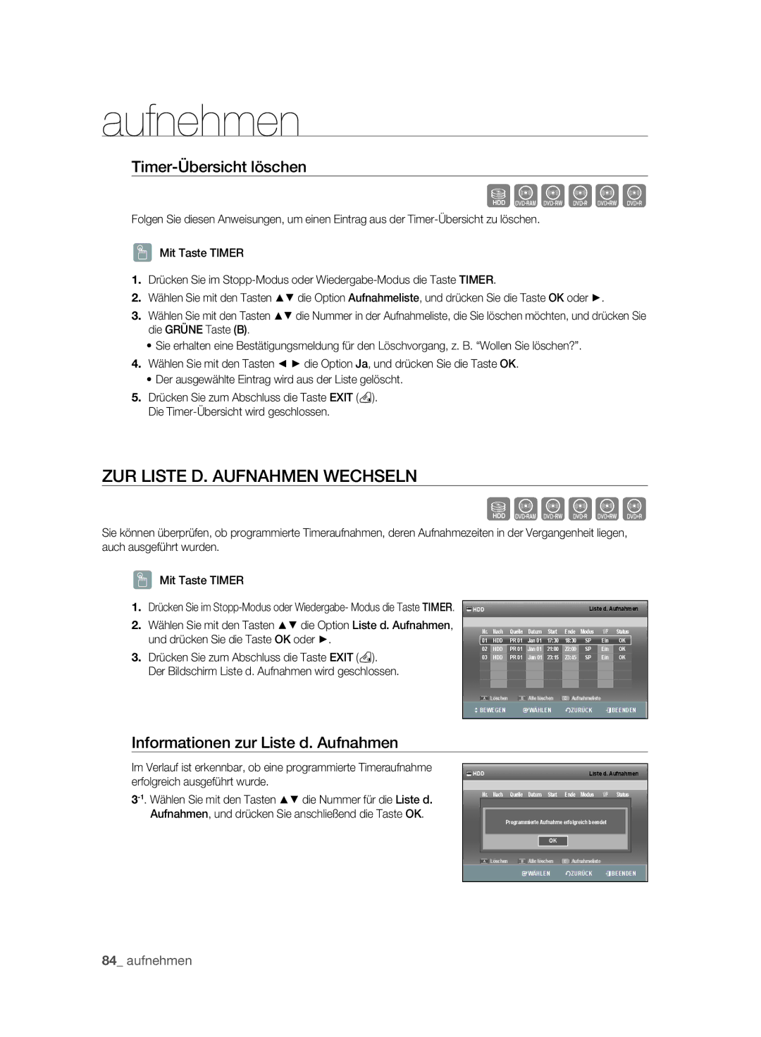 Samsung DVD-SH893A/XEF ZUR Liste D. Aufnahmen Wechseln, Timer-Übersicht löschen, Informationen zur Liste d. Aufnahmen 