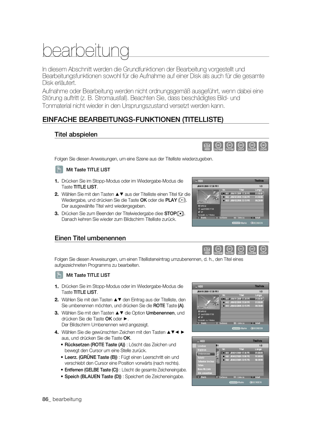 Samsung DVD-SH893A/EDC manual Einfache BEARBEITUNGS-FUNKTIONEN Titelliste, Titel abspielen, Einen Titel umbenennen 