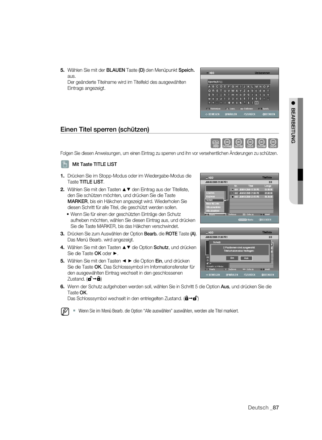 Samsung DVD-SH895A/XEG, DVD-SH893A/XEG manual Einen Titel sperren schützen, JAN/02/2009 2100 PR1 Title Length Schutz 001 