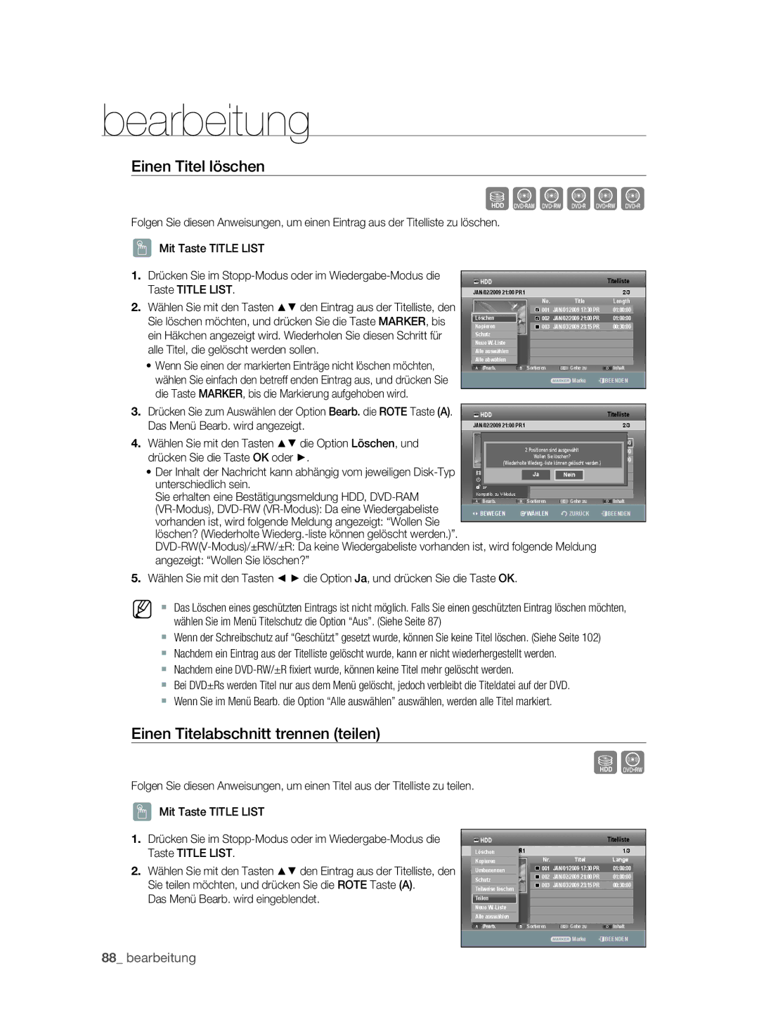 Samsung DVD-SH895A/XEF, DVD-SH893A/XEG, DVD-SH893A/EDC manual Einen Titel löschen, Einen Titelabschnitt trennen teilen 