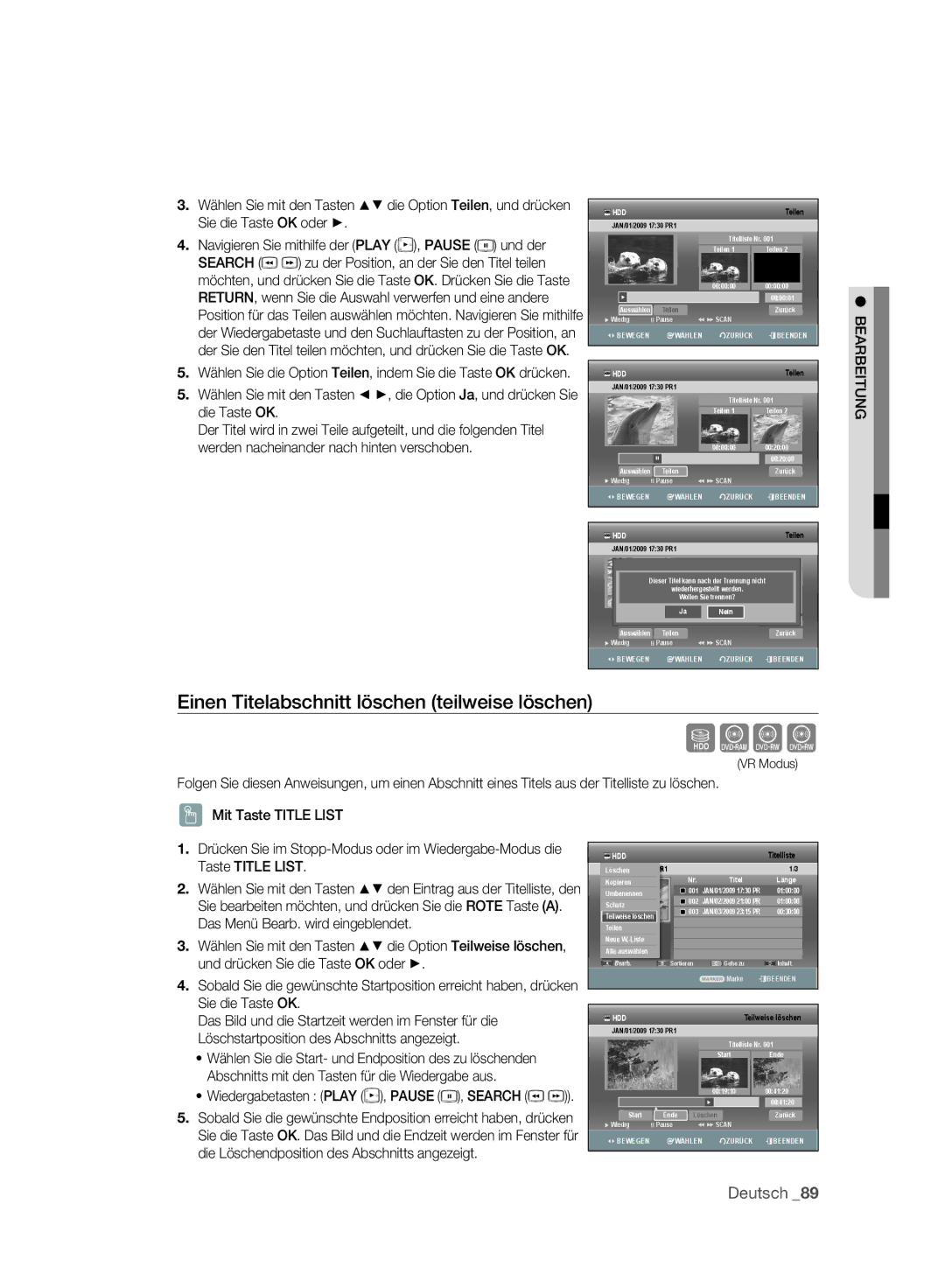 Samsung DVD-SH893A/XEF Sxck, Einen Titelabschnitt löschen teilweise löschen, Löschstartposition des Abschnitts angezeigt 