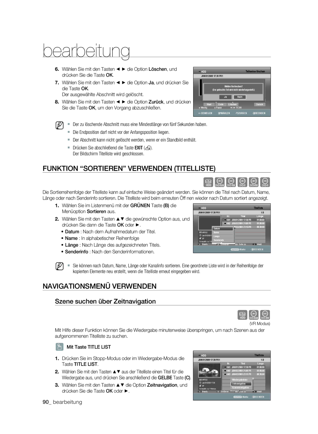 Samsung DVD-SH893A/XEG, DVD-SH893A/EDC, DVD-SH895A/XEG Funktion Sortieren Verwenden Titelliste, Navigationsmenü Verwenden 