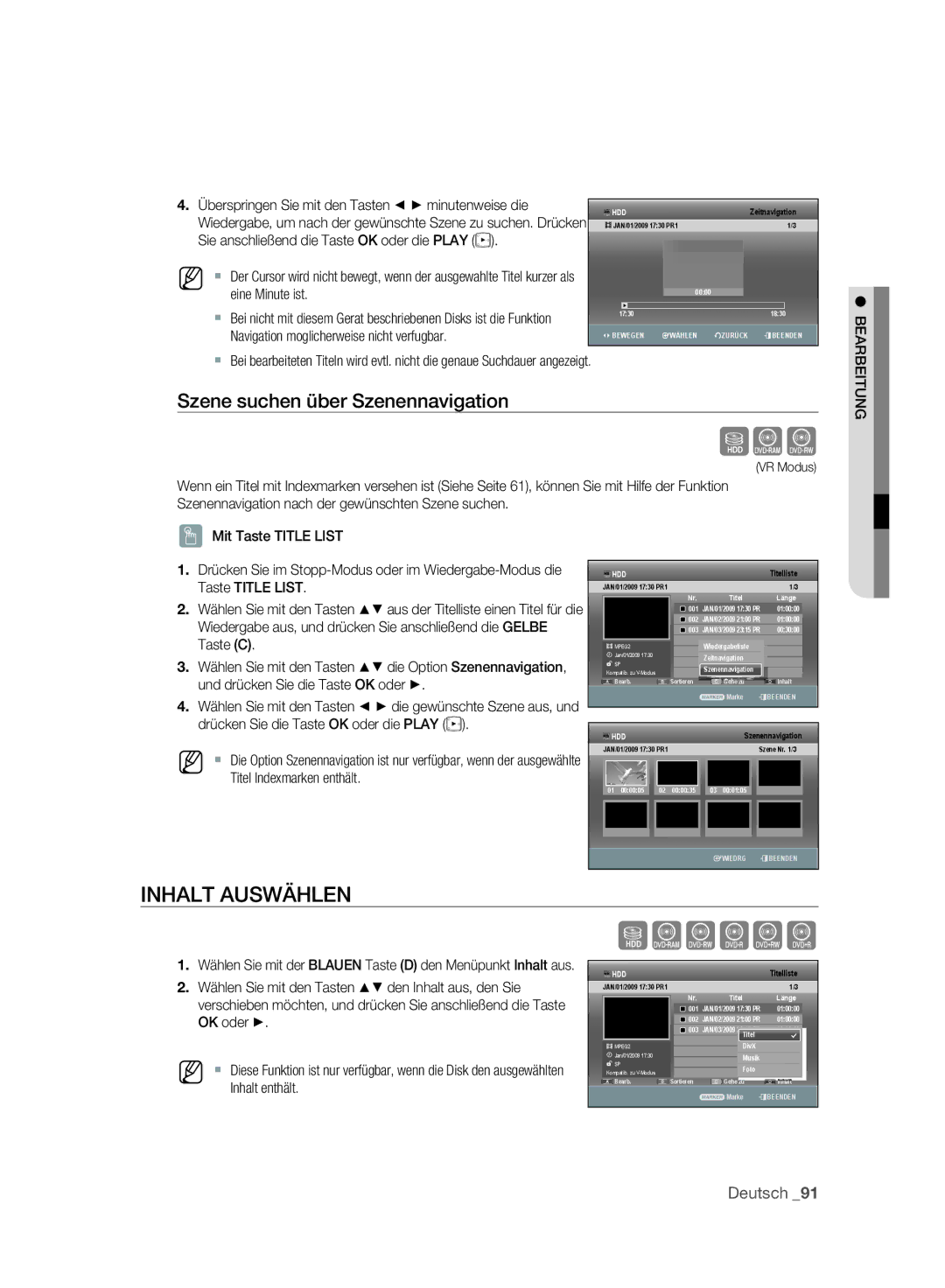 Samsung DVD-SH893A/EDC, DVD-SH893A/XEG, DVD-SH895A/XEG manual Inhalt Auswählen, Szene suchen über Szenennavigation, Taste C 