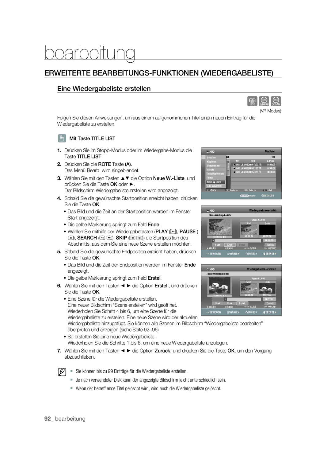 Samsung DVD-SH895A/XEG, DVD-SH893A/XEG Erweiterte BEARBEITUNGS-FUNKTIONEN Wiedergabeliste, Eine Wiedergabeliste erstellen 