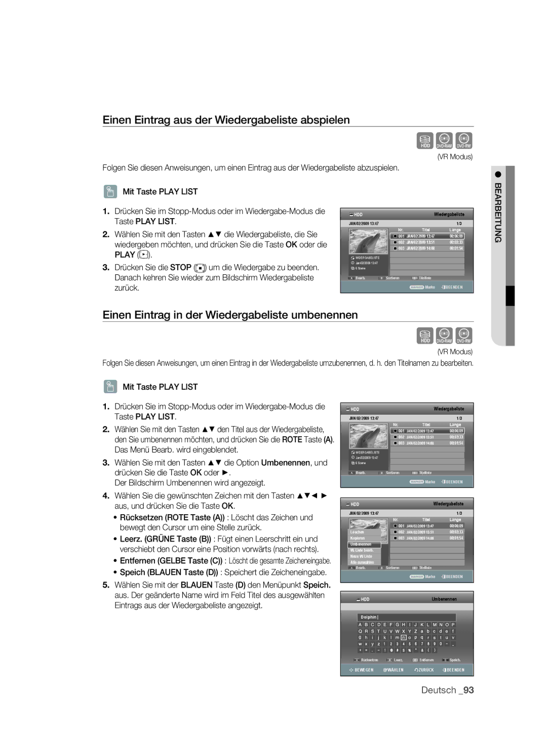 Samsung DVD-SH895A/XEF Einen Eintrag aus der Wiedergabeliste abspielen, Einen Eintrag in der Wiedergabeliste umbenennen 