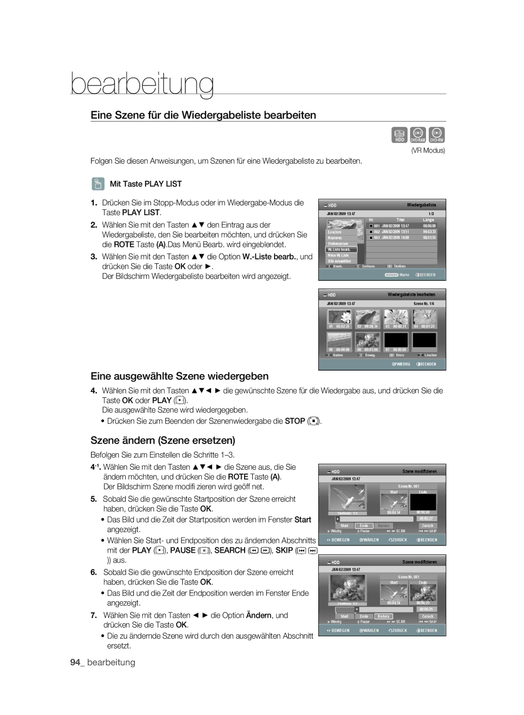 Samsung DVD-SH893A/XEF Eine Szene für die Wiedergabeliste bearbeiten, Szene ändern Szene ersetzen, Den Eintrag aus der 