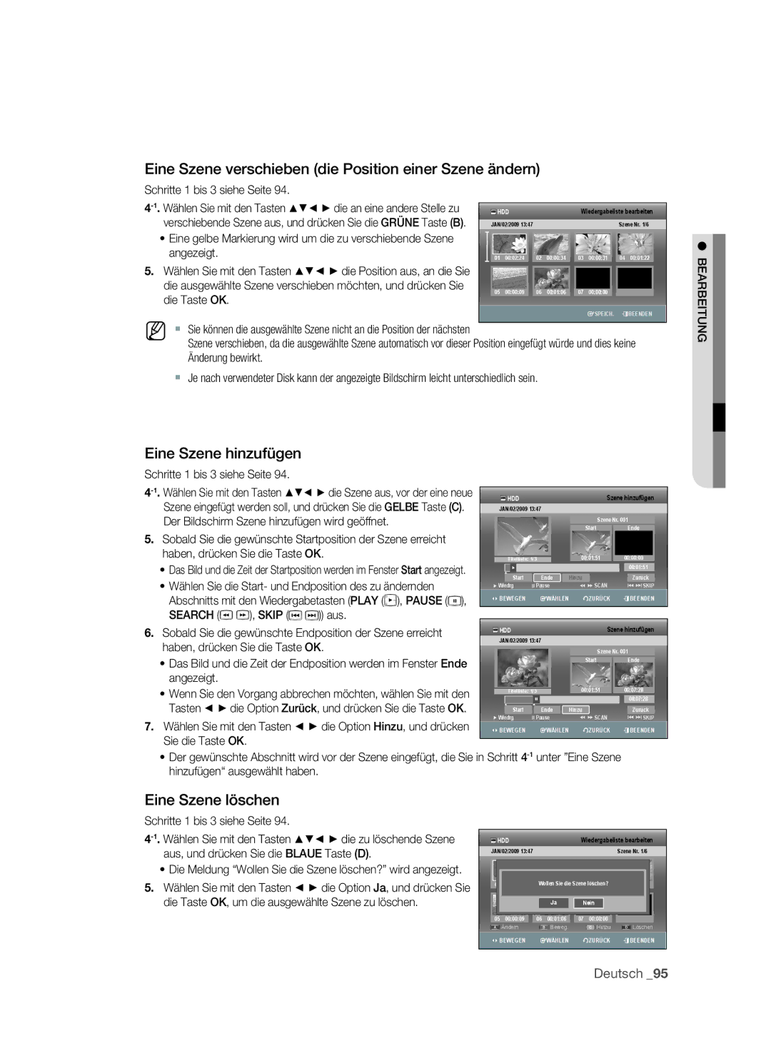 Samsung DVD-SH893A/XEG Eine Szene verschieben die Position einer Szene ändern, Eine Szene hinzufügen, Eine Szene löschen 