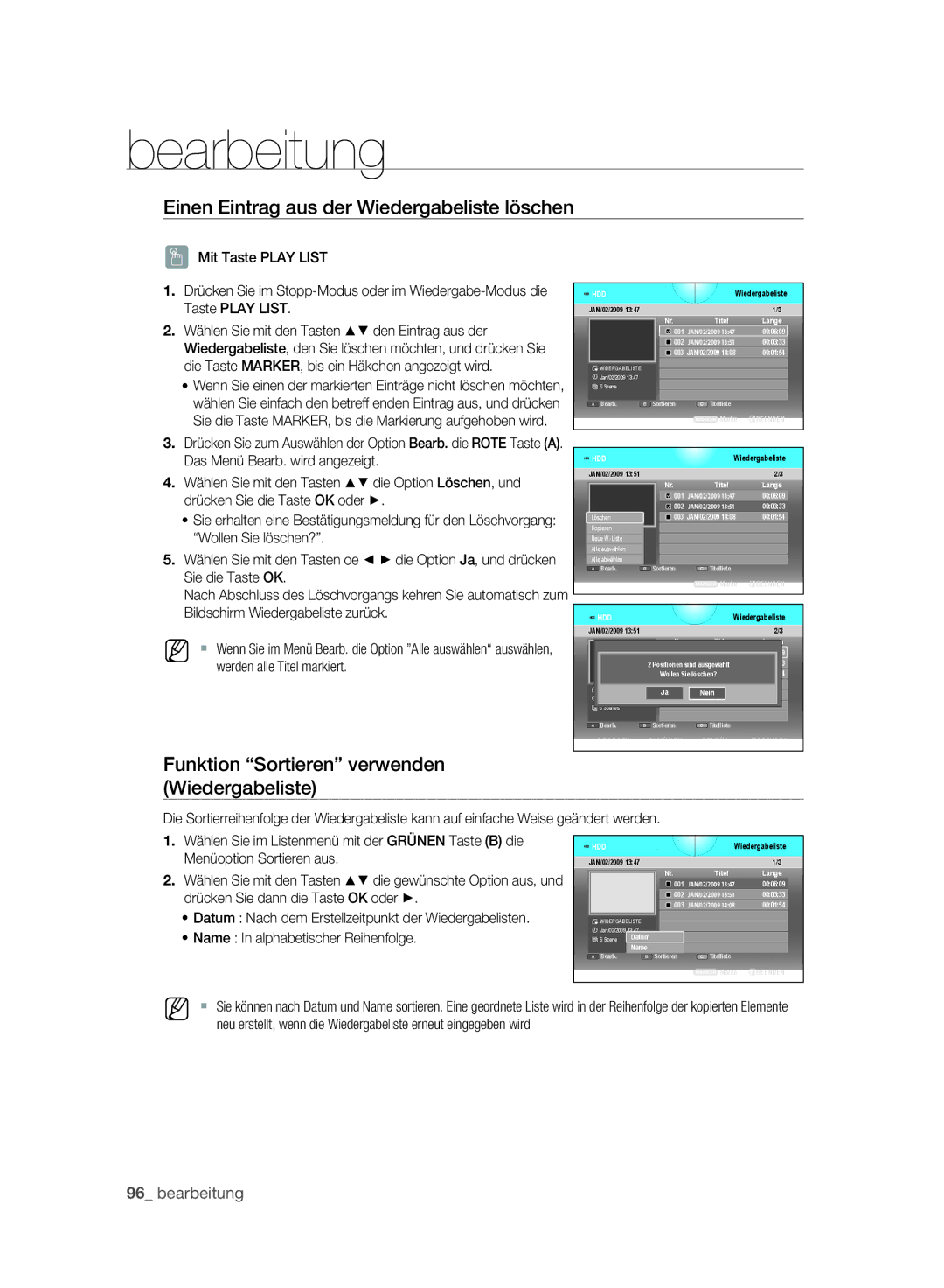 Samsung DVD-SH893A/EDC manual Einen Eintrag aus der Wiedergabeliste löschen, Funktion Sortieren verwenden Wiedergabeliste 