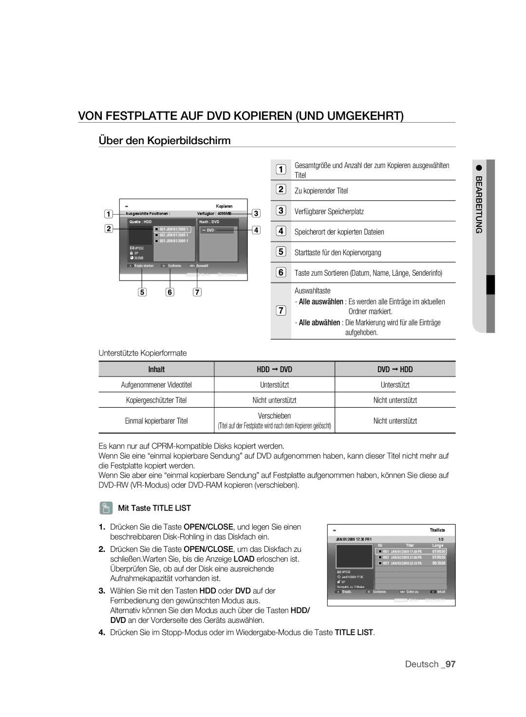 Samsung DVD-SH895A/XEG manual VON Festplatte AUF DVD Kopieren UND Umgekehrt, Über den Kopierbildschirm, Bearbeitung 