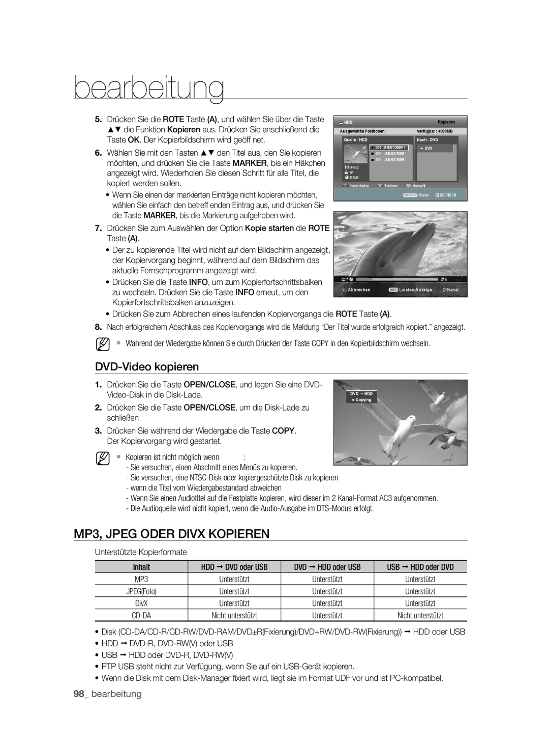 Samsung DVD-SH895A/XEF MP3, Jpeg Oder Divx Kopieren, DVD-Video kopieren, Taste OK. Der Kopierbildschirm wird geöff net 