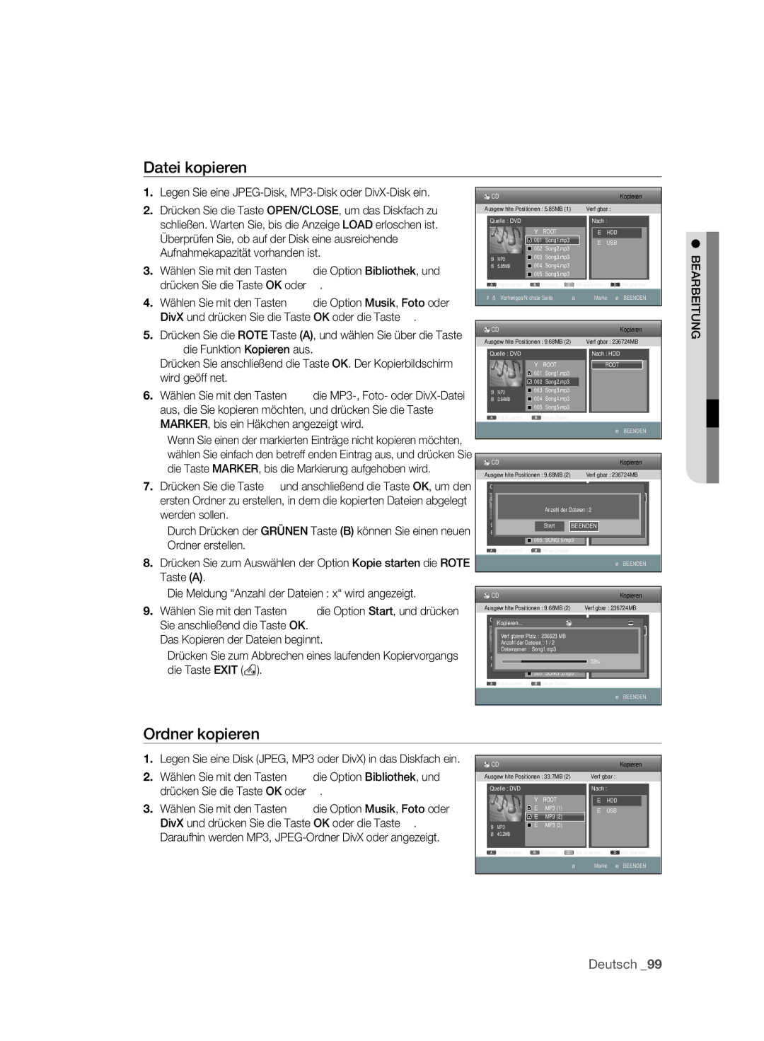 Samsung DVD-SH893A/XEF, DVD-SH893A/XEG Datei kopieren, Ordner kopieren, DivX und drücken Sie die Taste OK oder die Taste 