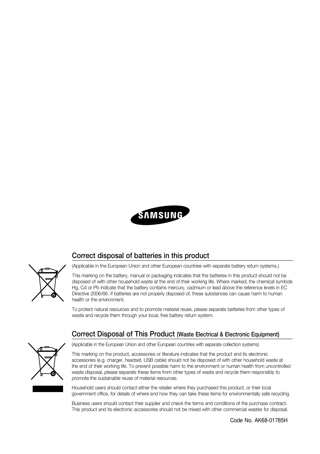 Samsung DVD-SH893/EDC, DVD-SH893A/XEG, DVD-SH893A/EDC Correct disposal of batteries in this product, Code No. AK68-01785H 