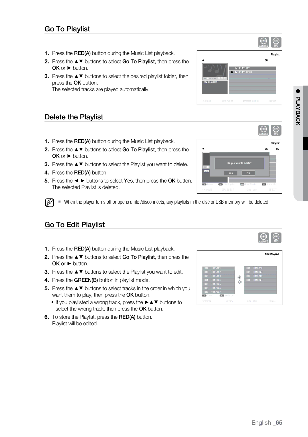 Samsung DVD-SH897/EDC, DVD-SH893A/XEG, DVD-SH893A/EDC manual Go To Playlist, Delete the Playlist, Go To Edit Playlist 