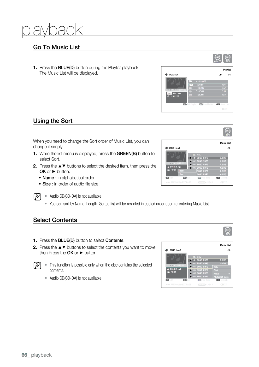 Samsung DVD-SH893A/XEG, DVD-SH893A/EDC, DVD-SH895A/XEG, DVD-SH895A/XEF Go To Music List, Using the Sort, Select Contents 