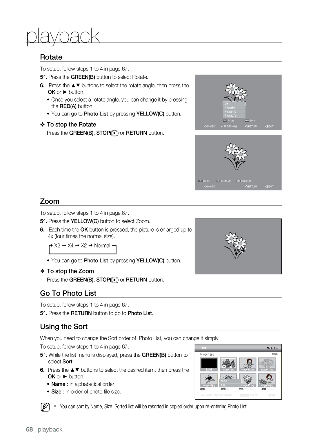 Samsung DVD-SH895A/XEG, DVD-SH893A/XEG, DVD-SH893A/EDC, DVD-SH895A/XEF, DVD-SH895/XEF manual Rotate, Zoom, Go To Photo List 