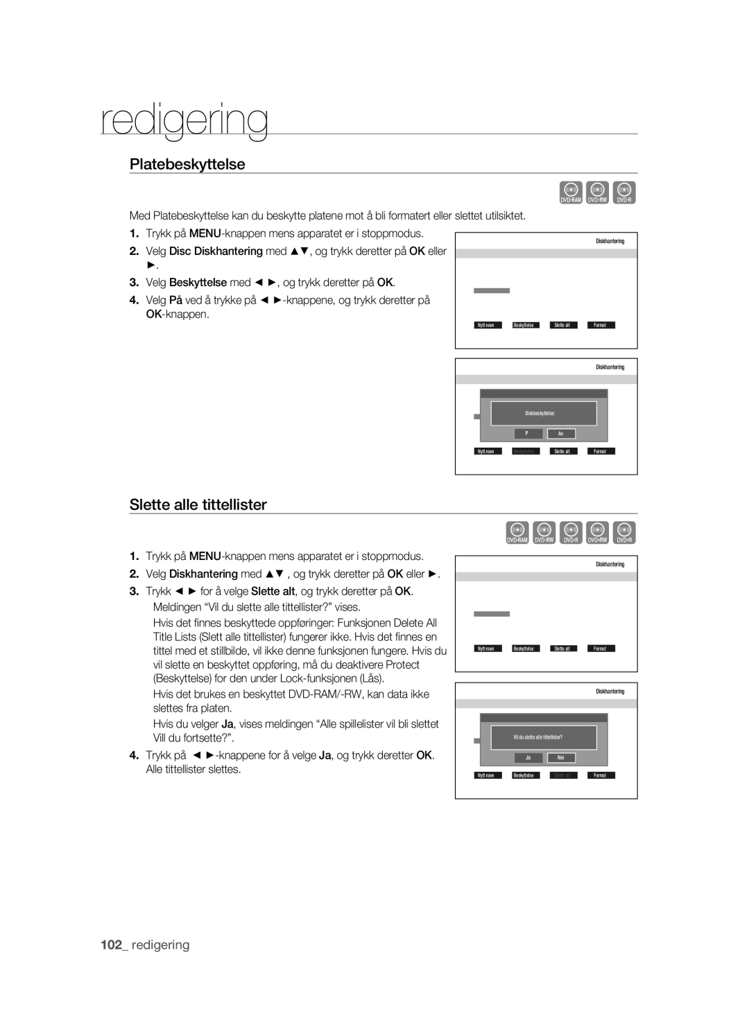 Samsung DVD-SH893/XEE, DVD-SH895/XEE manual Xcv, Platebeskyttelse, Slette alle tittellister 