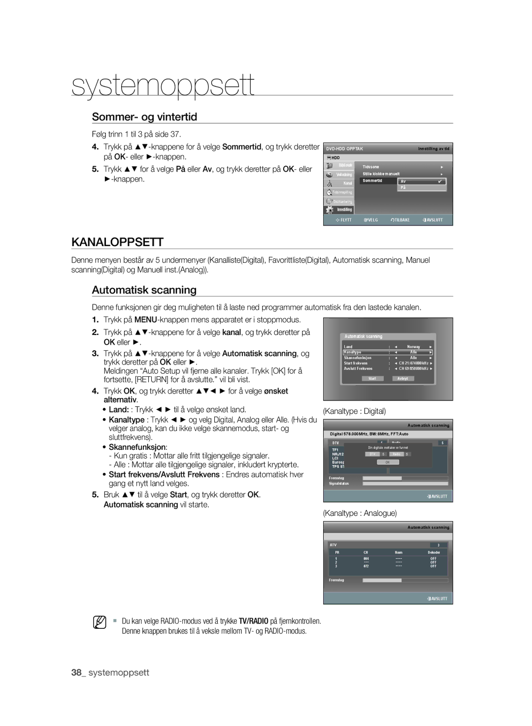 Samsung DVD-SH893/XEE, DVD-SH895/XEE manual Kanaloppsett, Sommer- og vintertid, Automatisk scanning 