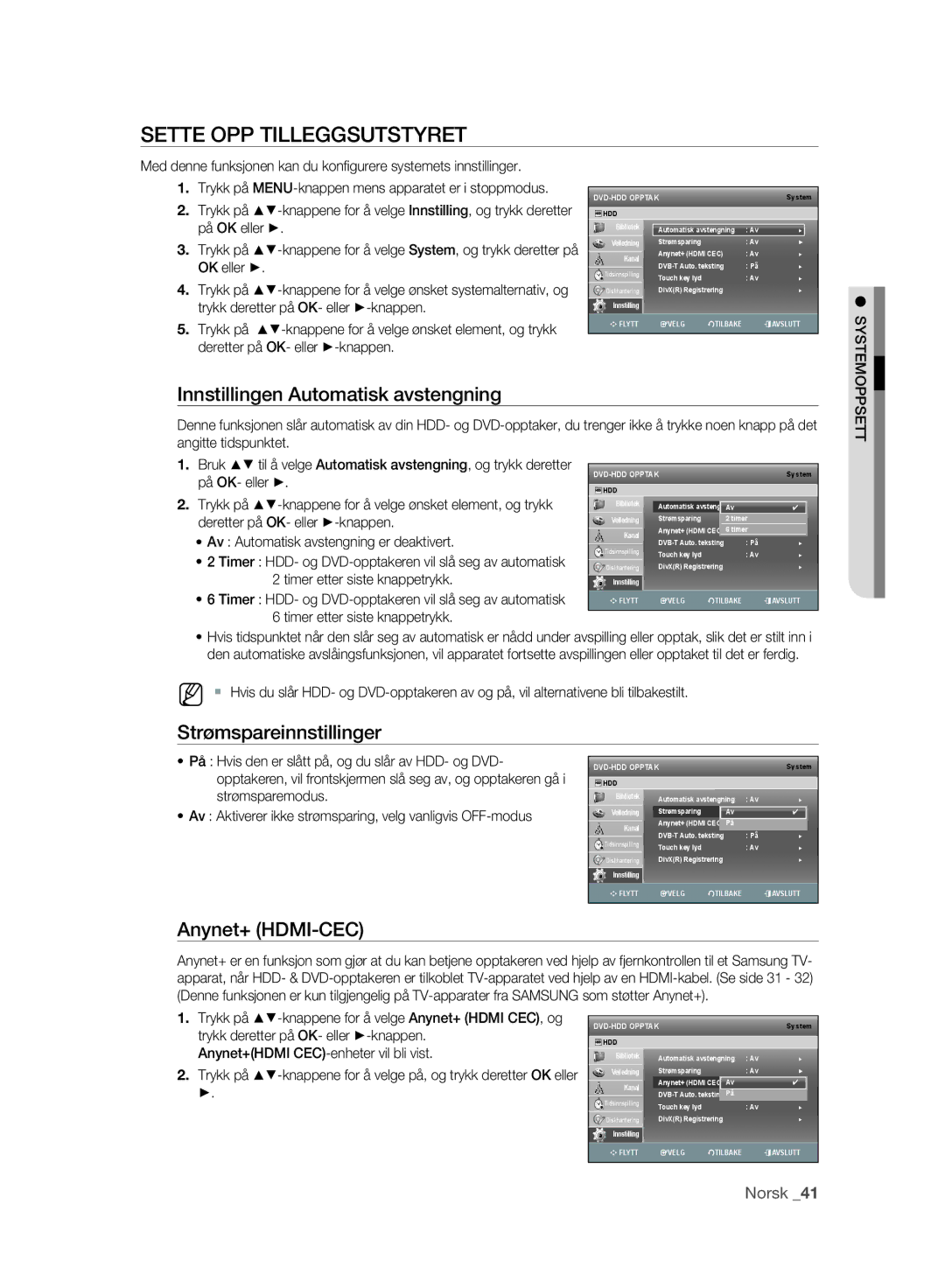 Samsung DVD-SH895/XEE manual Sette OPP Tilleggsutstyret, Innstillingen Automatisk avstengning, Strømspareinnstillinger 