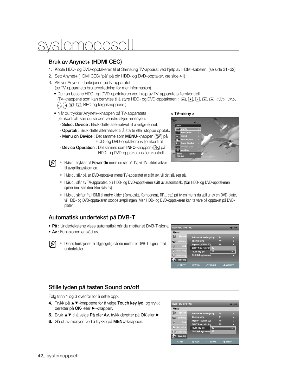 Samsung DVD-SH893/XEE manual Bruk av Anynet+ Hdmi CEC, Automatisk undertekst på DVB-T, Stille lyden på tasten Sound on/off 