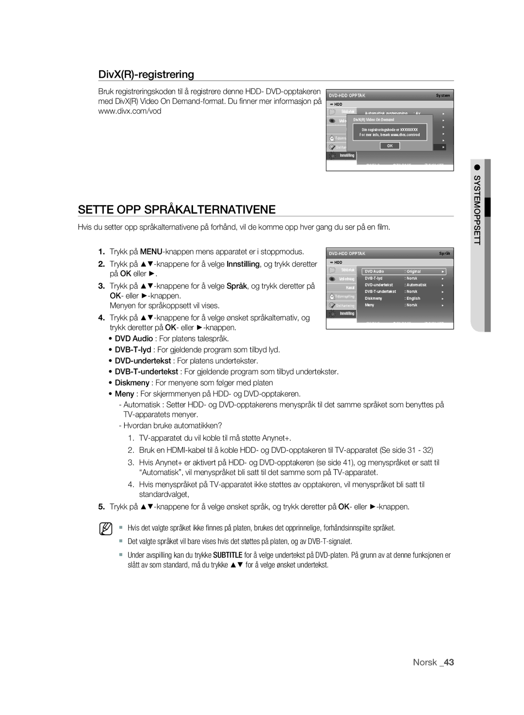 Samsung DVD-SH895/XEE, DVD-SH893/XEE manual Sette OPP Språkalternativene, DivXR-registrering 