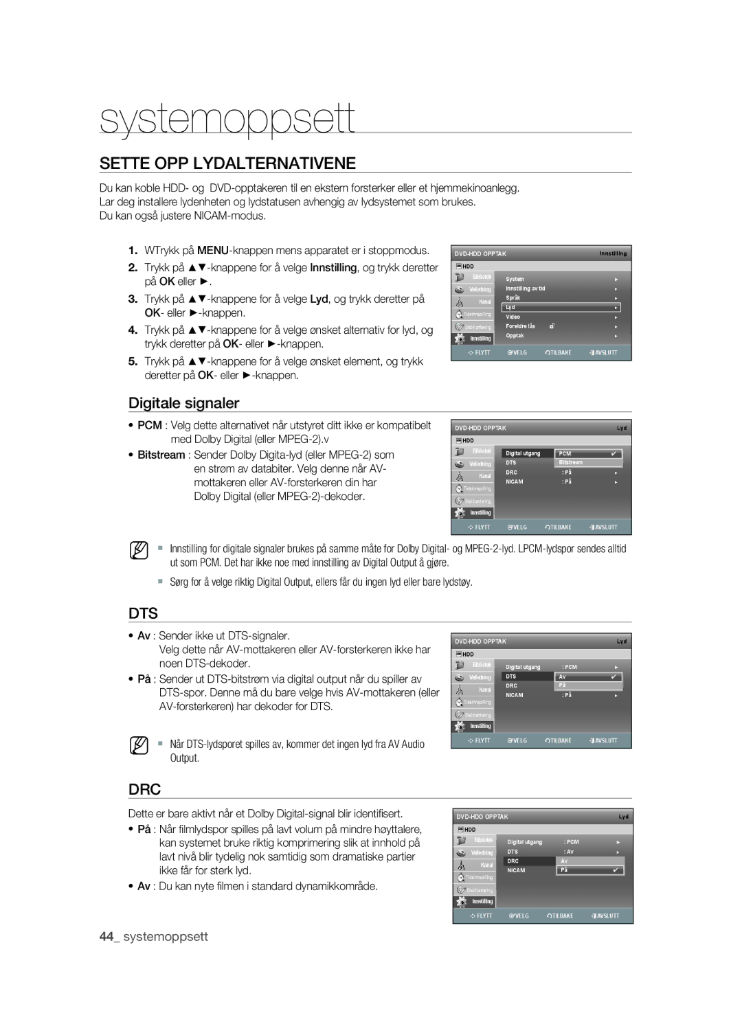 Samsung DVD-SH893/XEE, DVD-SH895/XEE manual Sette OPP Lydalternativene, Digitale signaler 