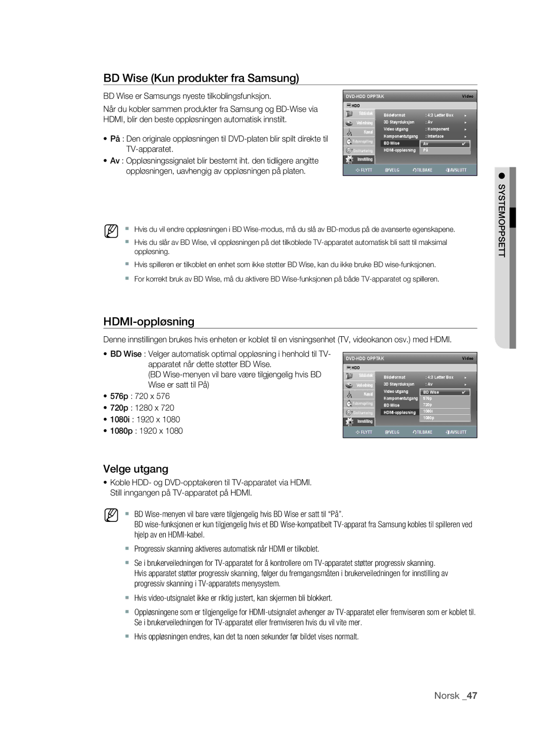 Samsung DVD-SH895/XEE, DVD-SH893/XEE manual BD Wise Kun produkter fra Samsung, HDMI-oppløsning, Velge utgang 