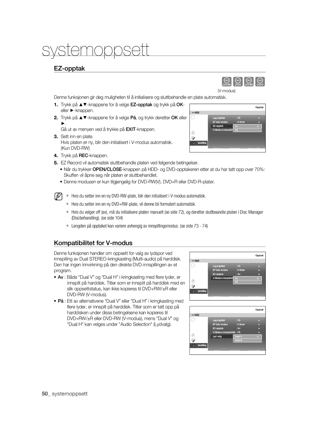 Samsung DVD-SH893/XEE, DVD-SH895/XEE manual EZ-opptak, Kompatibilitet for V-modus 