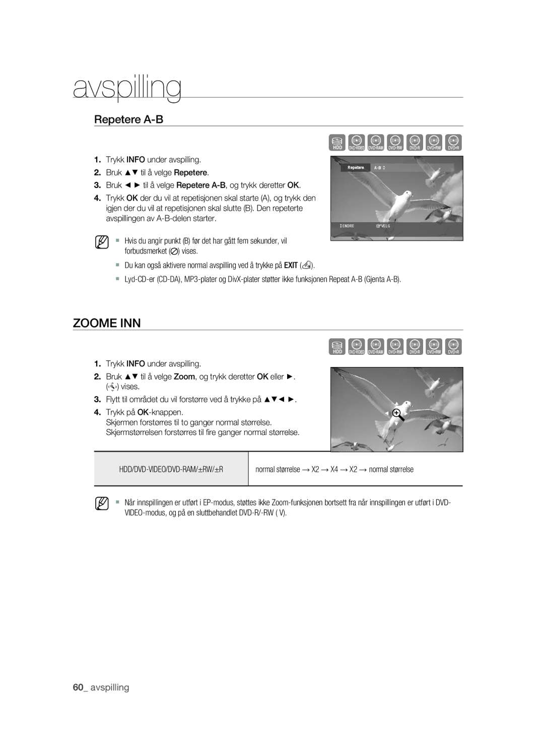 Samsung DVD-SH893/XEE manual Szxcvkl, Zoome INN, Repetere A-B, Vises, Normal størrelse → X2 → X4 → X2 → normal størrelse 