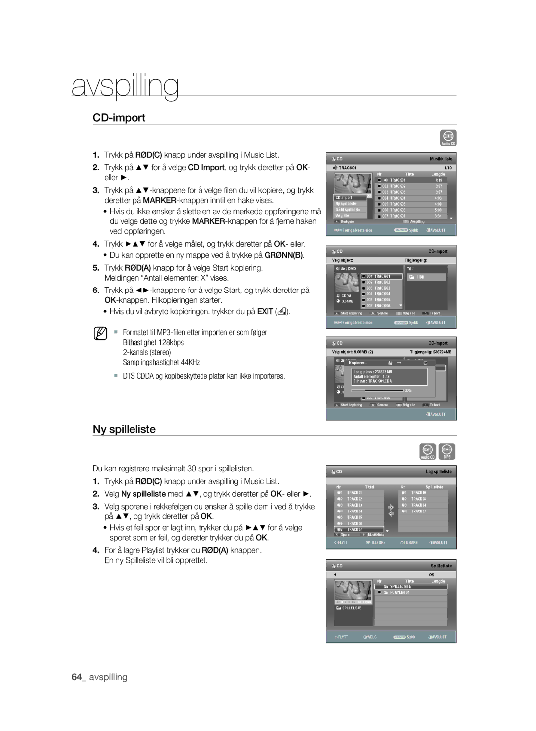 Samsung DVD-SH893/XEE, DVD-SH895/XEE manual CD-import, Ny spilleliste 