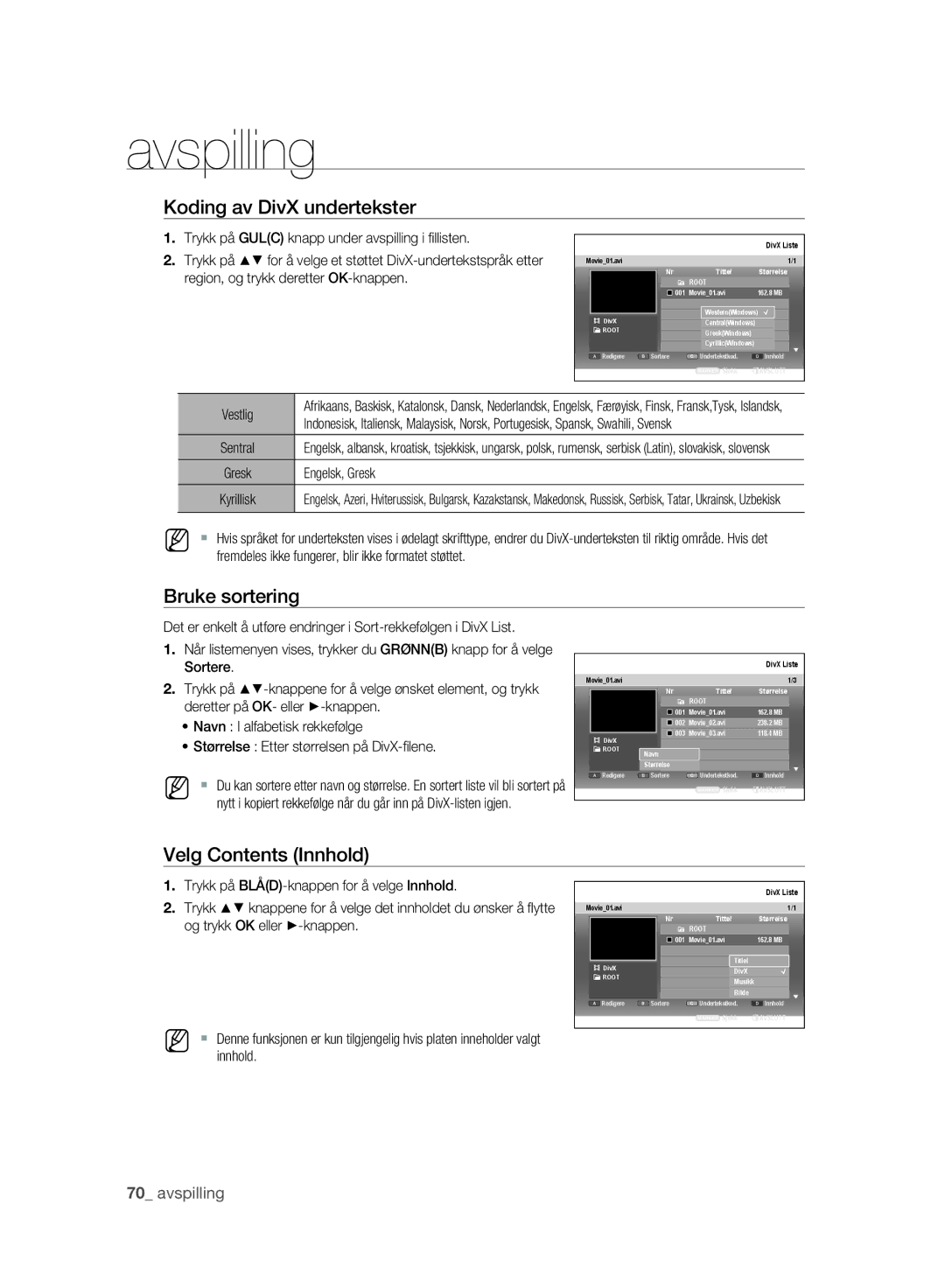 Samsung DVD-SH893/XEE, DVD-SH895/XEE manual Koding av DivX undertekster, Vestlig, Engelsk, Gresk 