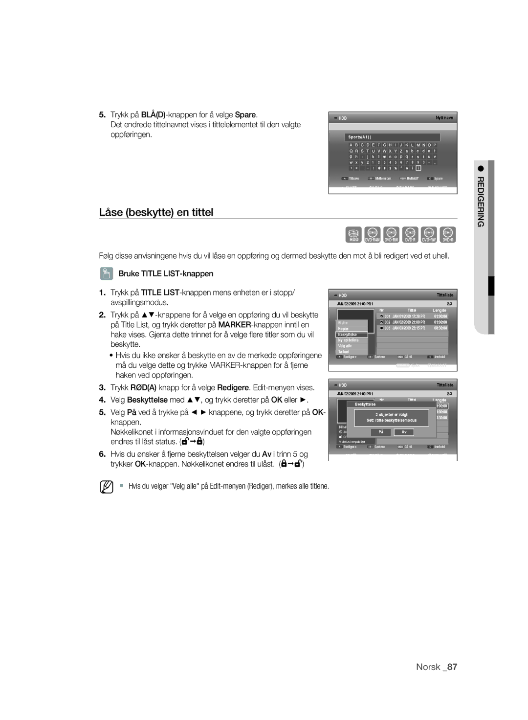 Samsung DVD-SH895/XEE, DVD-SH893/XEE manual Låse beskytte en tittel, Velg Beskyttelse med 