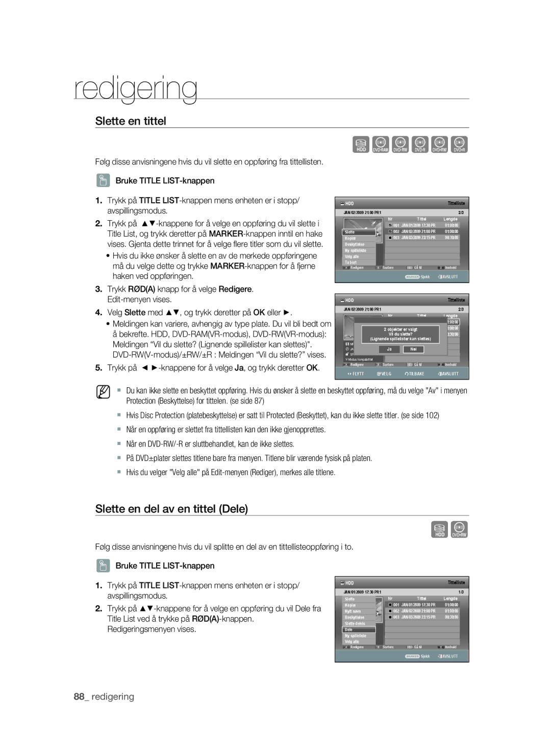 Samsung DVD-SH893/XEE, DVD-SH895/XEE manual Slette en tittel, Slette en del av en tittel Dele 