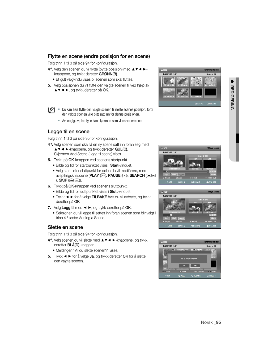 Samsung DVD-SH895/XEE, DVD-SH893/XEE manual Flytte en scene endre posisjon for en scene, Legge til en scene, Slette en scene 