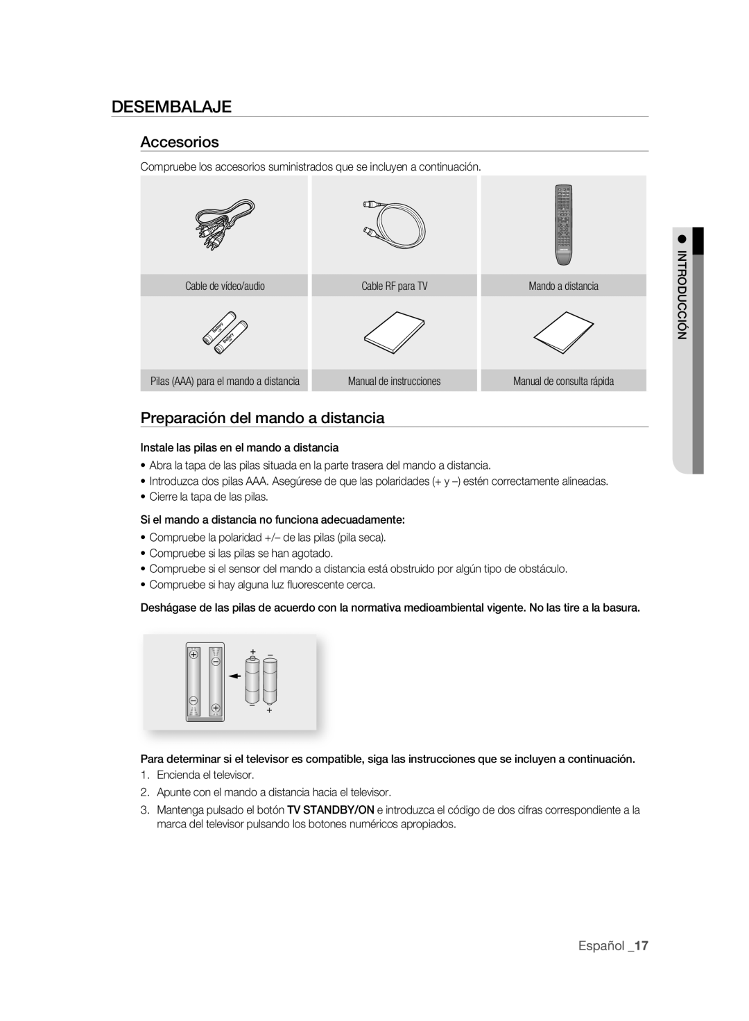 Samsung DVD-SH893A/XEC Desembalaje, Accesorios, Preparación del mando a distancia, Pilas AAA para el mando a distancia 