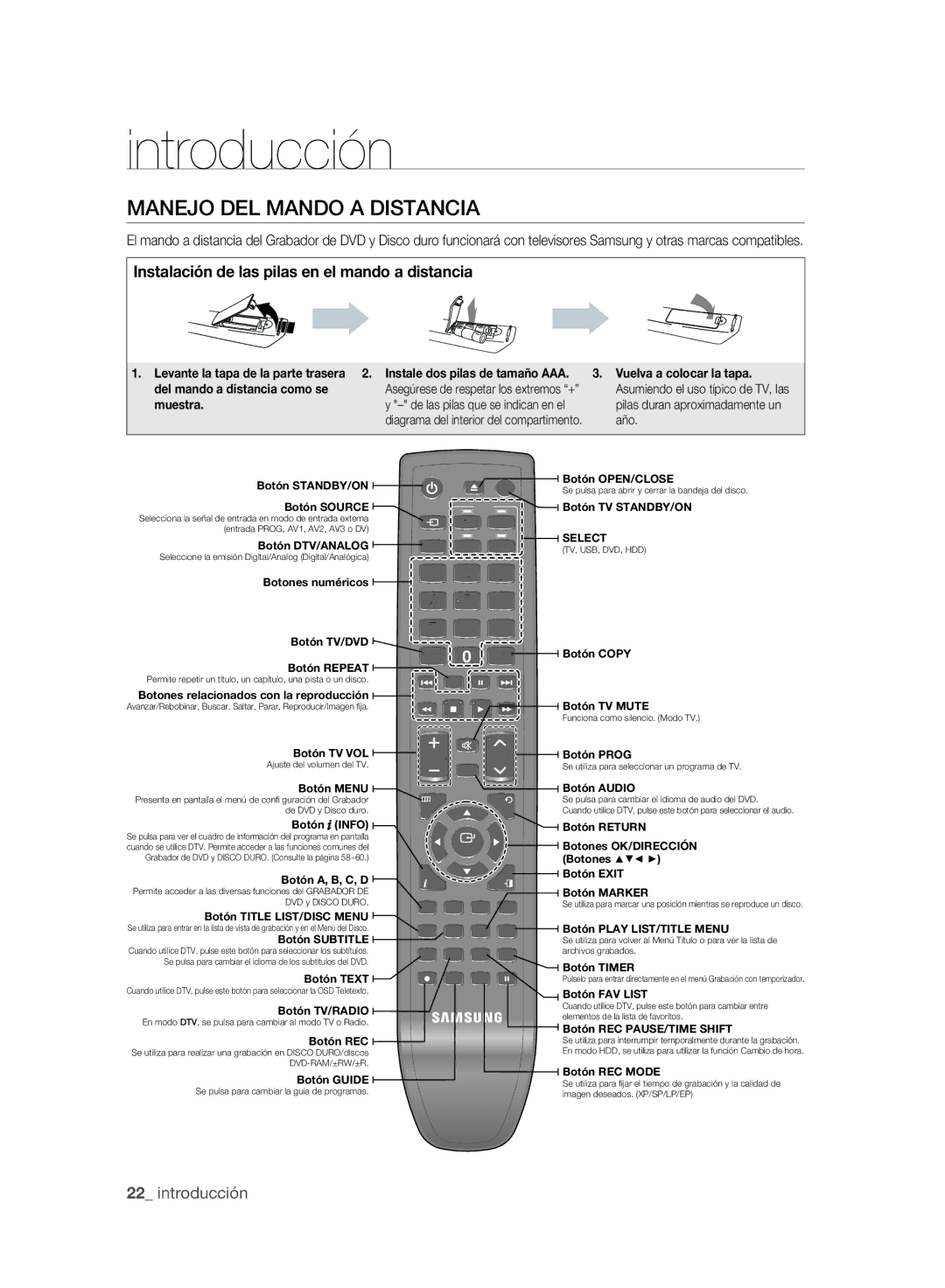 Samsung DVD-SH893A/XEC, DVD-SH895A/XEF manual Manejo DEL Mando a Distancia, Instalación de las pilas en el mando a distancia 