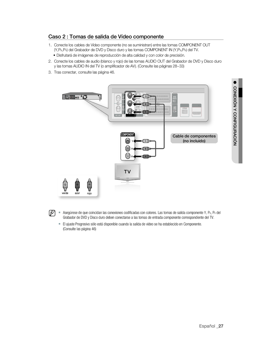 Samsung DVD-SH893A/XEC, DVD-SH895A/XEF, DVD-SH893A/XEF, DVD-SH895A/XEC manual Caso 2 Tomas de salida de Vídeo componente 