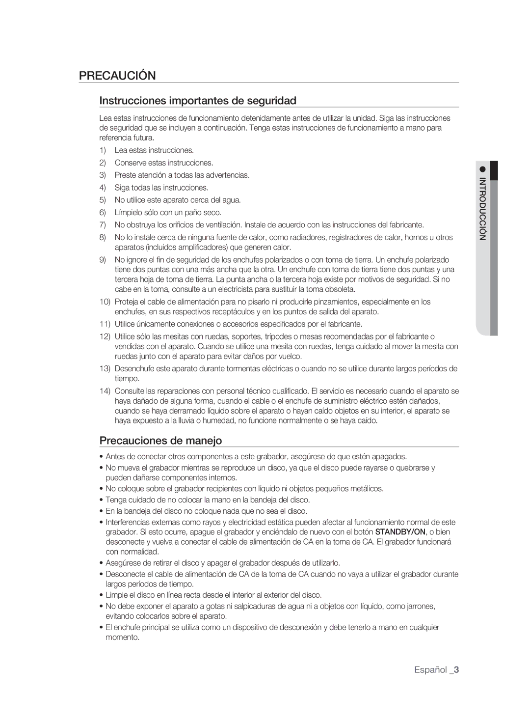 Samsung DVD-SH895A/XEC manual Precaución, Instrucciones importantes de seguridad, Precauciones de manejo, Introducción 