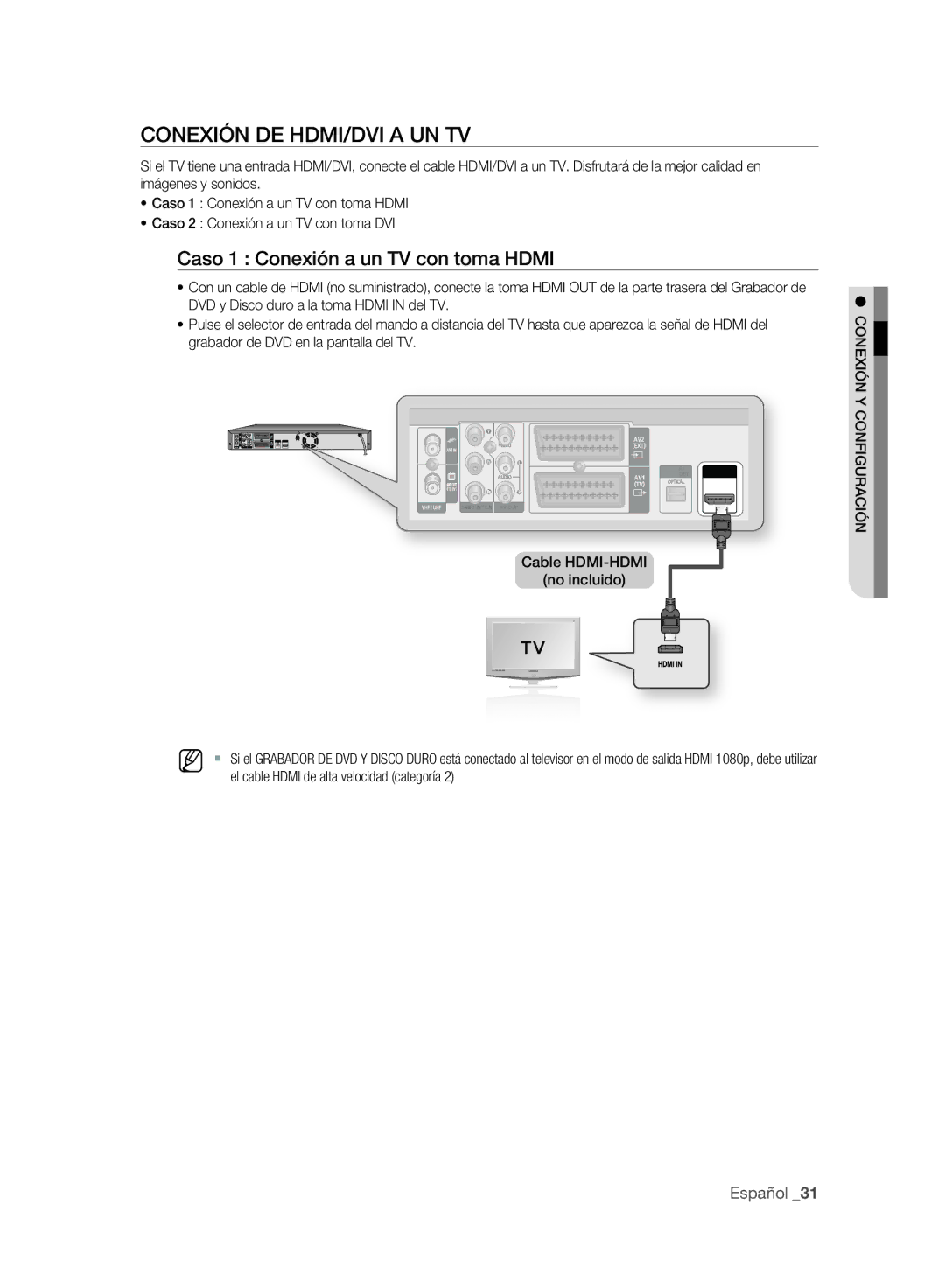 Samsung DVD-SH893A/XEF, DVD-SH895A/XEF, DVD-SH893A/XEC Conexión DE HDMI/DVI a UN TV, Caso 1 Conexión a un TV con toma Hdmi 