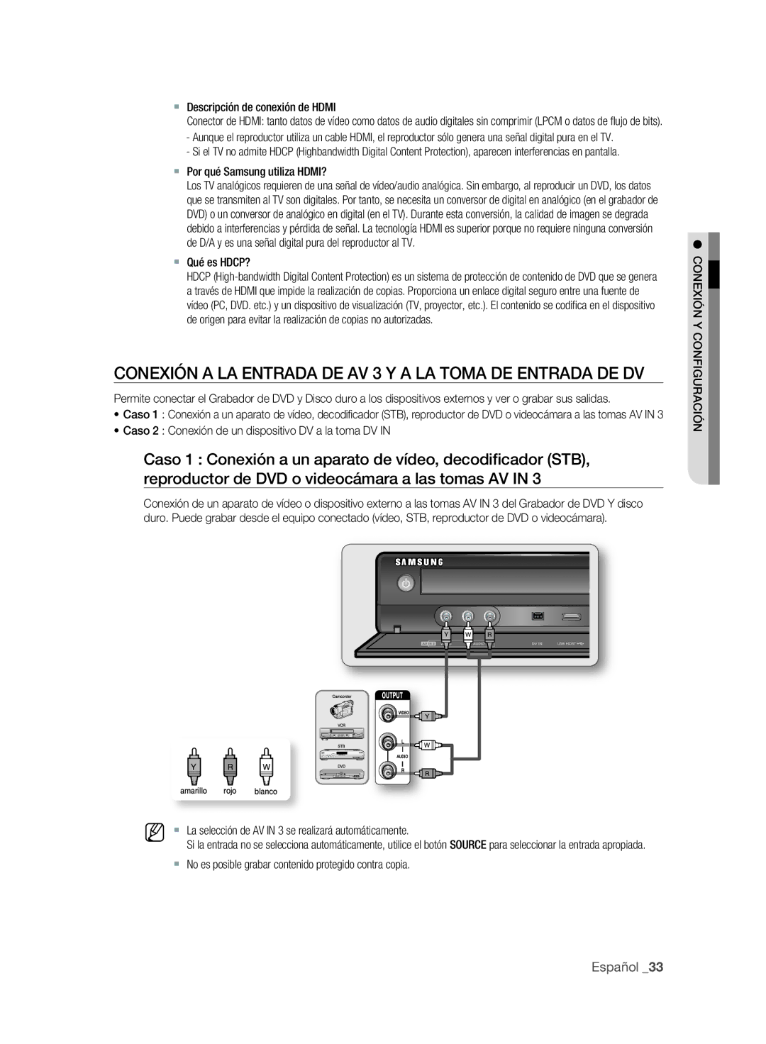 Samsung DVD-SH895A/XEC, DVD-SH895A/XEF, DVD-SH893A/XEF manual Conexión a LA Entrada DE AV 3 Y a LA Toma DE Entrada DE DV 