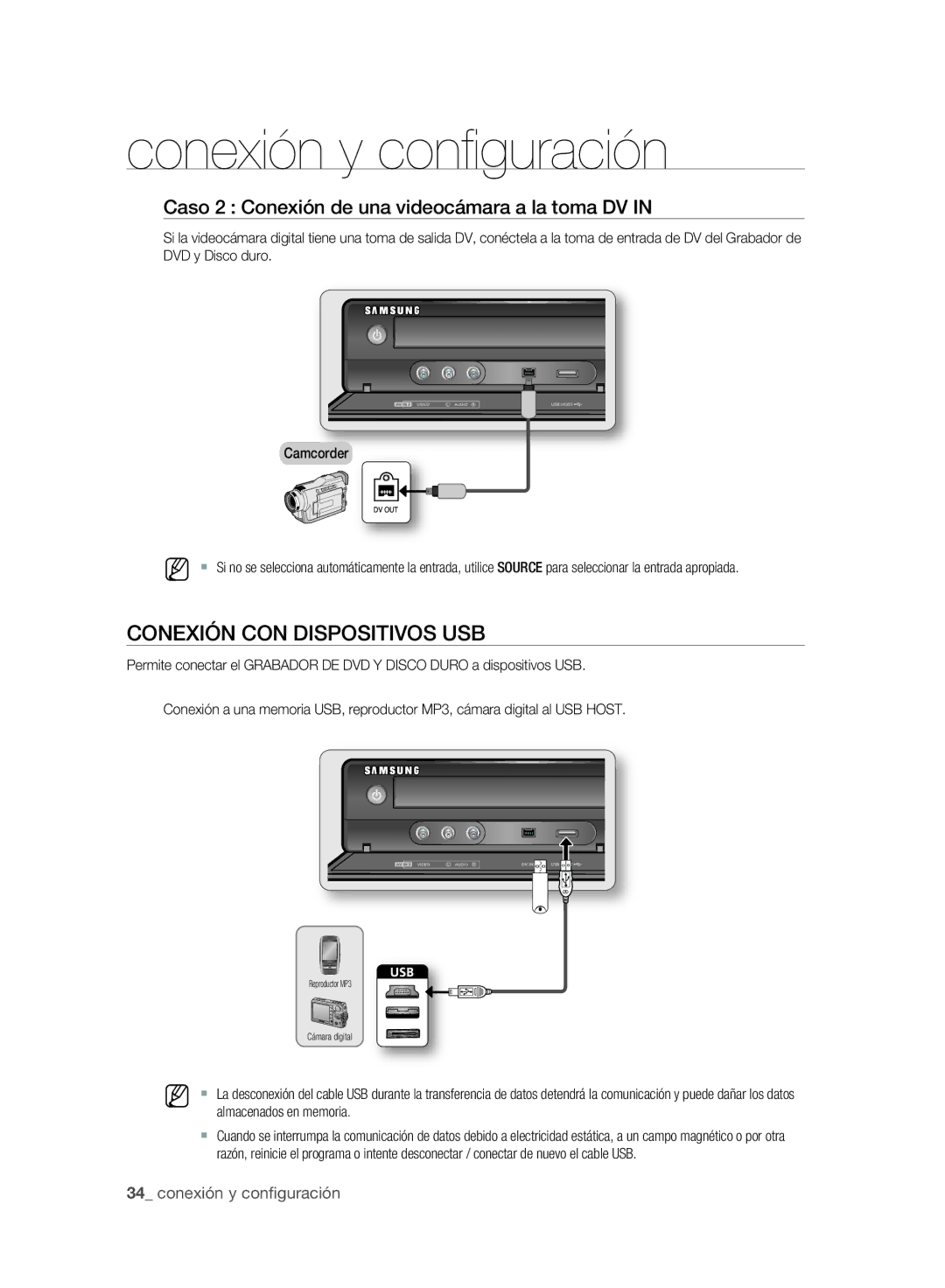 Samsung DVD-SH897A/XEC, DVD-SH895A/XEF manual Conexión CON Dispositivos USB, Caso 2 Conexión de una videocámara a la toma DV 