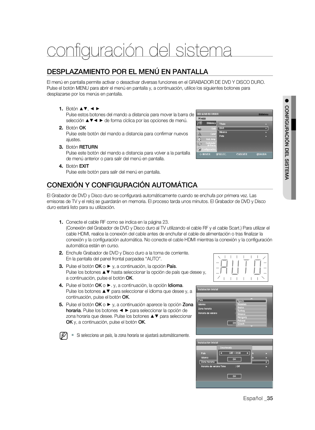 Samsung DVD-SH895A/XEF Desplazamiento POR EL Menú EN Pantalla, Conexión Y Configuración Automática, Pulse los botones 