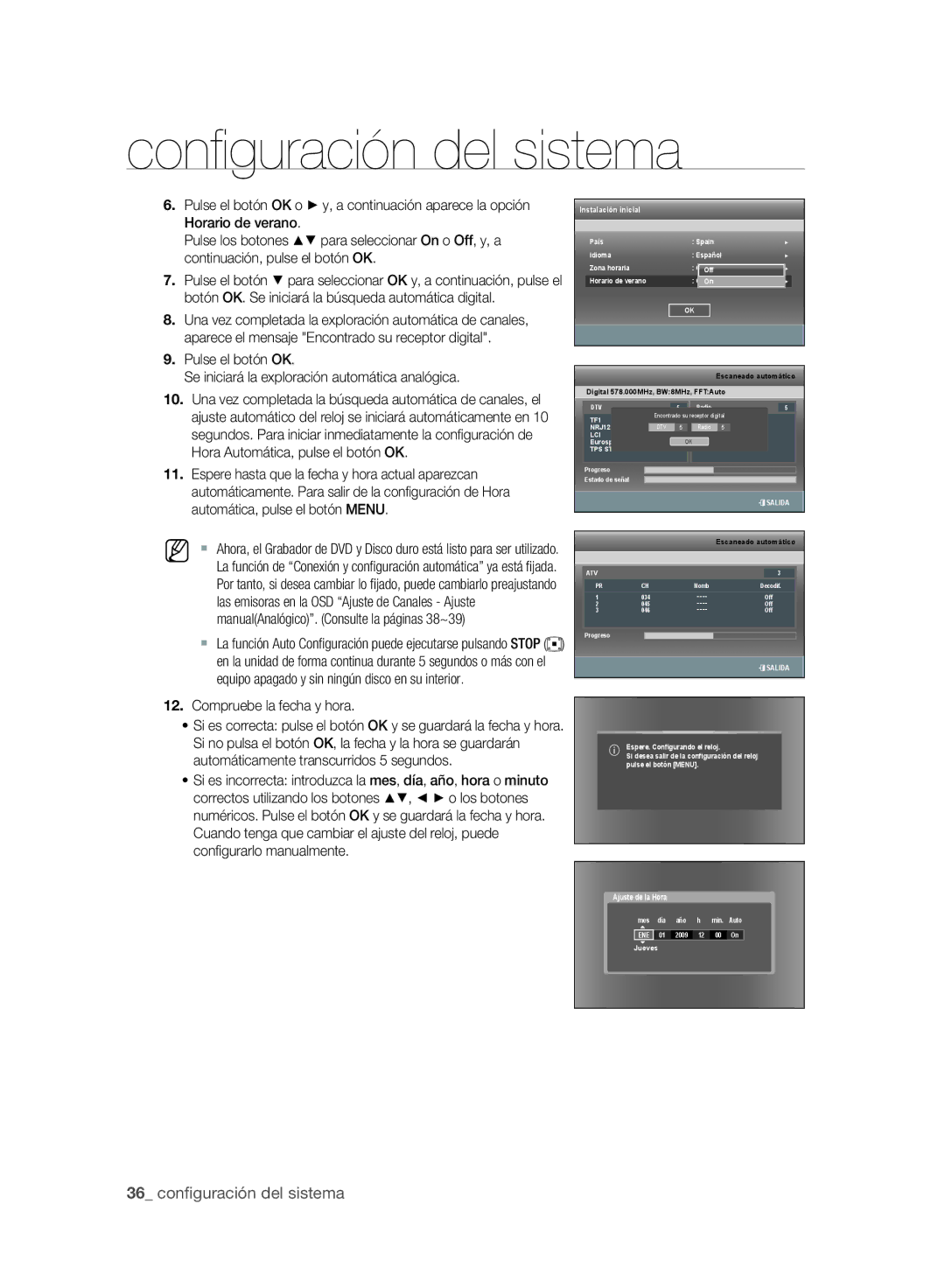 Samsung DVD-SH893A/XEF, DVD-SH895A/XEF, DVD-SH893A/XEC, DVD-SH895A/XEC Compruebe la fecha y hora, Conﬁ gurarlo manualmente 