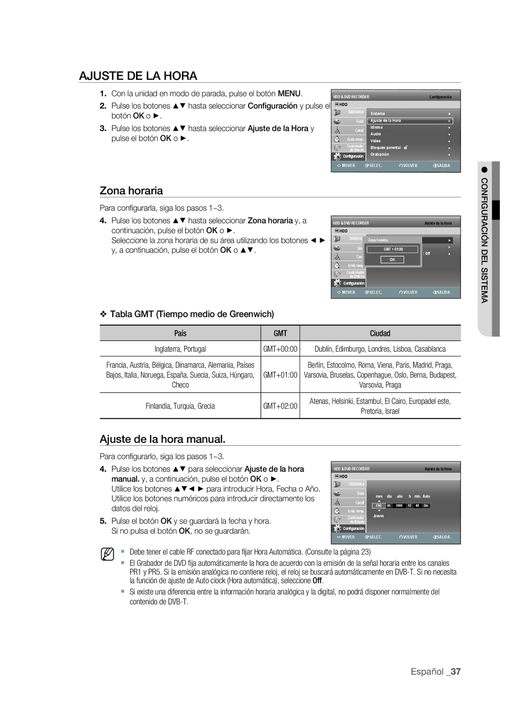 Samsung DVD-SH893A/XEC, DVD-SH895A/XEF, DVD-SH893A/XEF Ajuste DE LA Hora, Zona horaria, Ajuste de la hora manual, Gmt 