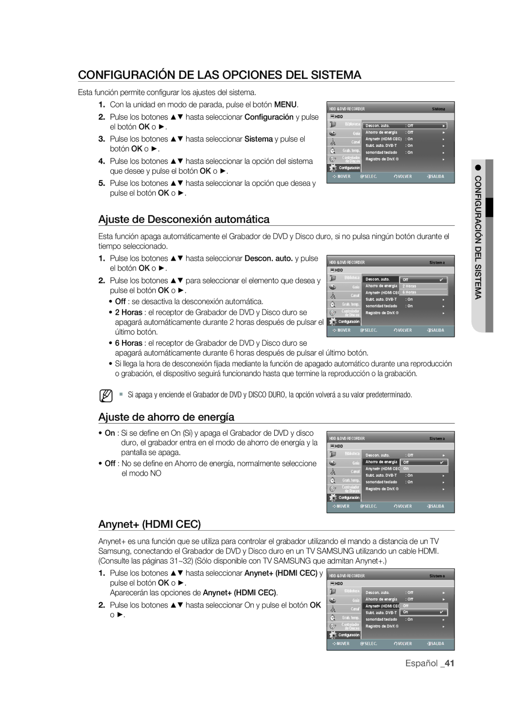 Samsung DVD-SH893A/XEF manual Configuración DE LAS Opciones DEL Sistema, Ajuste de Desconexión automática, Anynet+ Hdmi CEC 